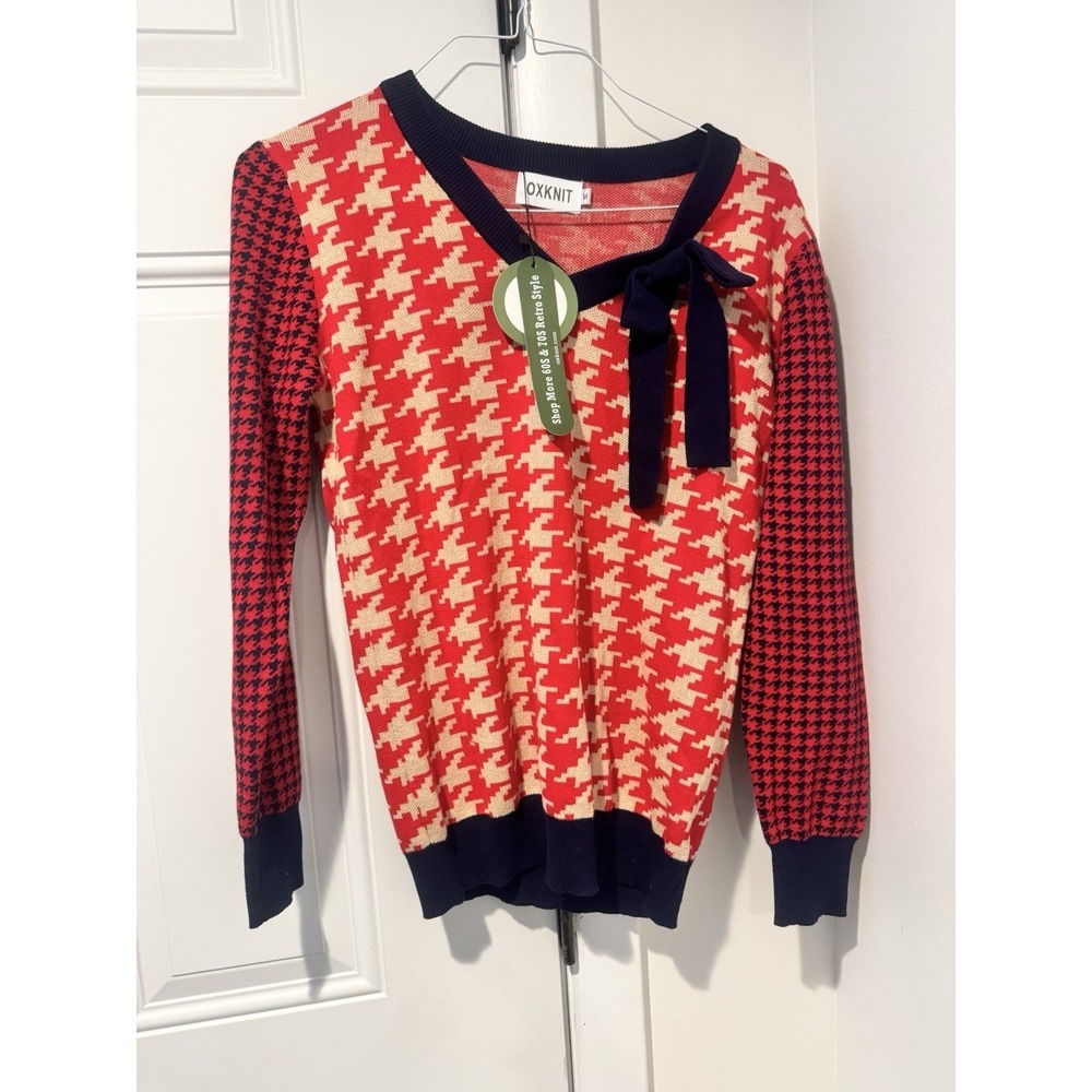 Oxknit Women's Red Houndstooth Colorblock Bow Sweater M Knit NWT Vneck